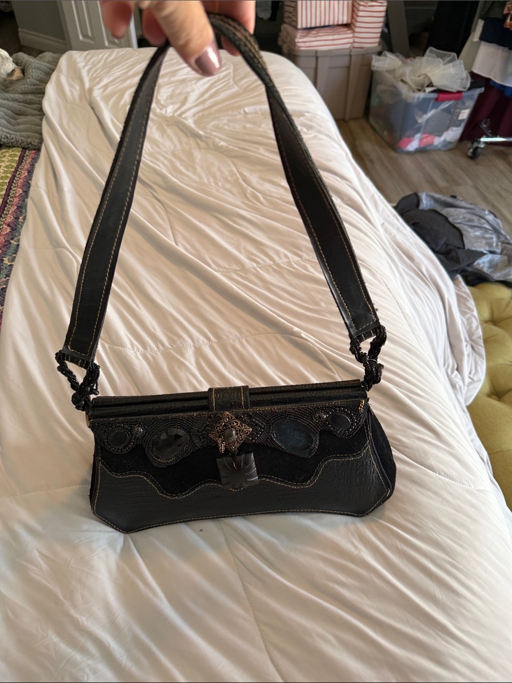 Mary Frances Black Beaded Shoulder Bag with Decorative Clasp